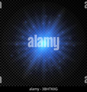 Effetto luminoso dei brillamenti dell'obiettivo. Le luci blu brillano con effetti esplosivi su uno sfondo trasparente. Illustrazione vettoriale Illustrazione Vettoriale