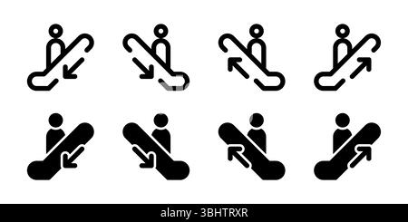 Set icone scala mobile. Un glifo nero e un'icona di contorno di una scala mobile, che indica lo spostamento delle scale. Illustrazione Vettoriale