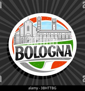 Logo vettoriale per Bologna, etichetta decorativa bianca con contorno del paesaggio europeo di bologna sullo sfondo del cielo diurno, frigorifero art design Illustrazione Vettoriale