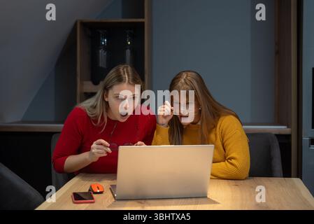 Due donne d'affari professionali nell'ufficio dell'azienda vinicola che collaborano alla strategia di marketing, incentrata sullo schermo di un notebook, circondate da energia positiva, branding Foto Stock