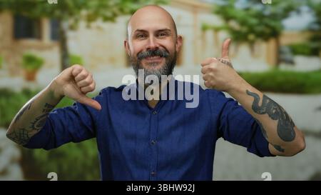 L'uomo barbuto con tatuaggi mostra gesti di approvazione e disapprovazione sullo sfondo urbano della strada indossando una camicia blu all'aperto. Foto Stock