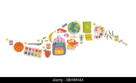 Carta a tema ritorno a scuola in stile cartoni animati piatto con un'ondata colorata di forniture come zaino, libri, basket, pitture, pastelli. Divertente e brillante desi Illustrazione Vettoriale