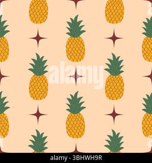 Motivo senza cuciture con ananas giallo, foglie verdi e stelle in stile cartoni animati, disposti in ordine di pois su sfondo beige. Tropicale, brilla Illustrazione Vettoriale