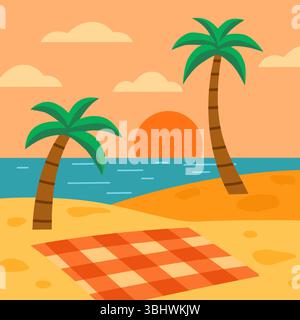 Tramonto estivo con palme. Illustrazione del vettore piatto Illustrazione Vettoriale