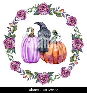 Acquerello disegnato a mano Halloween, corona vintage, con rose, zucche e corvo Foto Stock