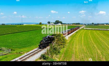 Una locomotiva a vapore tira un lungo treno attraverso ampi campi verdi e lussureggianti terreni agricoli. Il cielo luminoso e le fattorie lontane creano un pittoresco ambiente rurale. Foto Stock