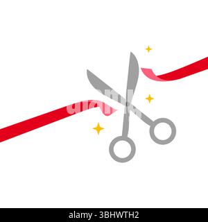 Le forbici tagliano il nastro rosso dritto sul simbolo della celebrazione della grande apertura Illustrazione Vettoriale