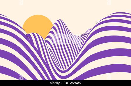 Paesaggio di montagna ondulato astratto con audaci strisce viola e beige, con un sole dorato sullo sfondo. Effetto illusione ottica con fluido moti Illustrazione Vettoriale