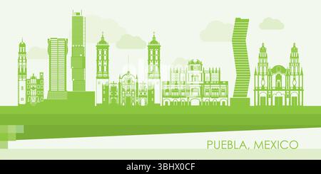 Panorama Green Skyline della città di Puebla, Messico - illustrazione vettoriale Illustrazione Vettoriale