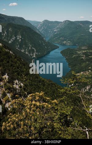 Vista del tortuoso fiume Drina tra lussureggianti montagne verdi nel Parco Nazionale di Tara, Serbia. Perucac - lago Peruchac. Punto panoramico di Banjska Stena. Foto Stock