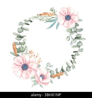 Corona di acquerelli dai rami Anemone ed eucalipto. Verde rustico. Illustrazione disegnata a mano isolata su sfondo bianco. Per la cancelleria Foto Stock