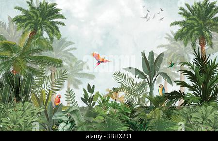 Murale minimalista della natura: Pappagallo delicato nella morbida foresta tropicale verde Foto Stock