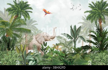 Murale minimalista della natura: Elefante gentile nella morbida foresta tropicale verde Foto Stock