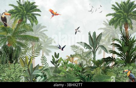 Murale minimalista per la fauna selvatica: Dolce Toucan, Macaws nella morbida foresta tropicale verde Foto Stock