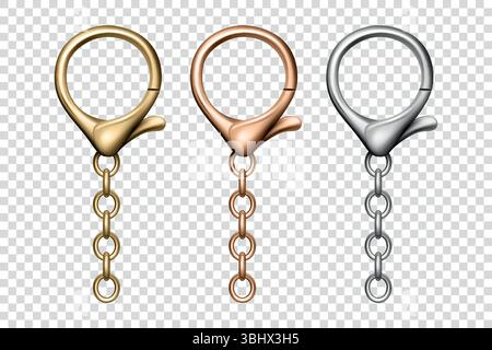 Set portachiavi con chiusura a moschettone 3d vettoriale realistico con catena. Gancio portachiavi in oro, bronzo e argento per gioielleria, artigianato fai da te, accessori per borse, chiave Illustrazione Vettoriale