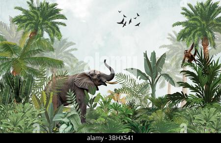 Murale minimalista: Elefante delicato, Toucans nella morbida foresta tropicale verde Foto Stock