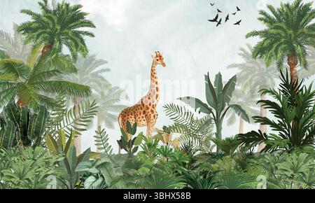 Murale minimalista per animali selvatici: Giraffa delicata nella morbida foresta tropicale verde Foto Stock
