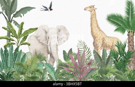Murale minimalista: Elefante delicato, giraffa nella foresta tropicale verde tenue Foto Stock