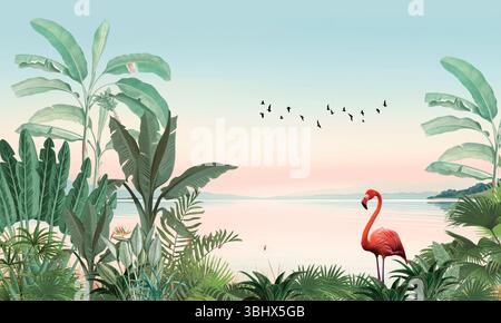 Murale minimalista per animali selvatici: Fenicotteri gentili, tucani nella morbida foresta tropicale verde Foto Stock