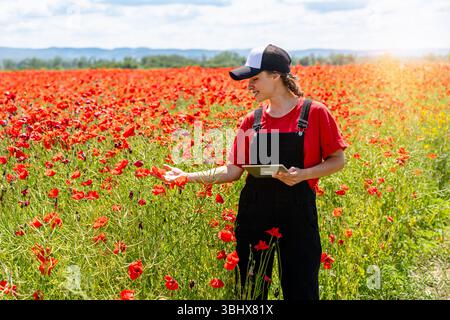 Scienziata ambientale donna con tavoletta in piedi in un campo di papavero rosso in natura. Restauro della natura. Foto Stock