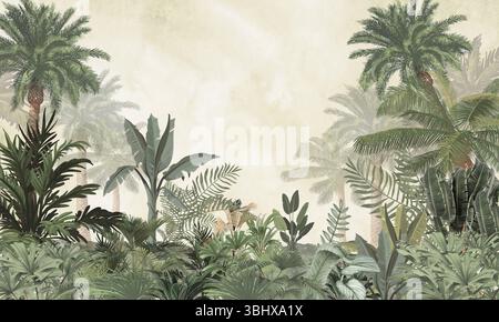 Murale Aged Nature Wall: Palme marroni sbiadite e piante esotiche sullo sfondo Foto Stock