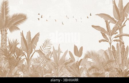 Murale sulla costa: Palme marroni sbiadite e paesaggi di uccelli volanti Foto Stock