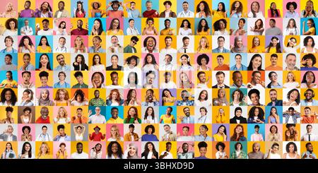 Gruppo di persone diverse sorridenti in un collage vivace e colorato Foto Stock