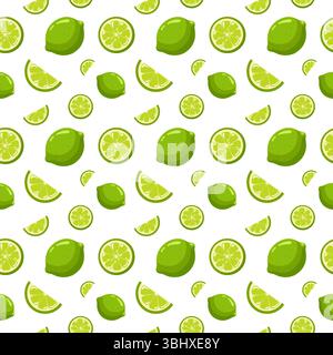 Motivo estivo senza cuciture con intere fette di lime su sfondo bianco. Sfondo vettoriale cartoni animati. Illustrazione Vettoriale