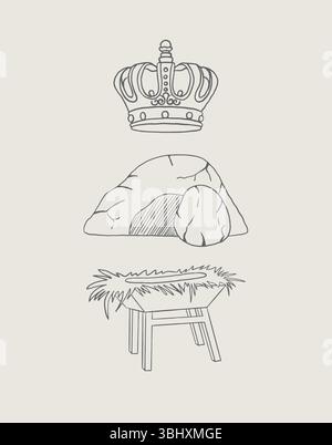 Simboli della linea cristiana poster dello schizzo, religione arte disegnata a mano, decorazione della parete della Bibbia Illustrazione Vettoriale