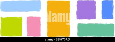 Set di caselle di testo pastello colorato. Collezione di forme di adesivi rettangolari disegnati a mano. Pacchetto patch geometriche bordo ruvido. Contorni e cornici divertenti. Elementi colorati vettoriali per collage e striscioni Illustrazione Vettoriale