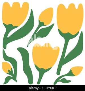 Illustrazione dei tulipani gialli piatti. Design floreale minimalista vettoriale (set di 6 fiori, sfondo bianco) Illustrazione Vettoriale