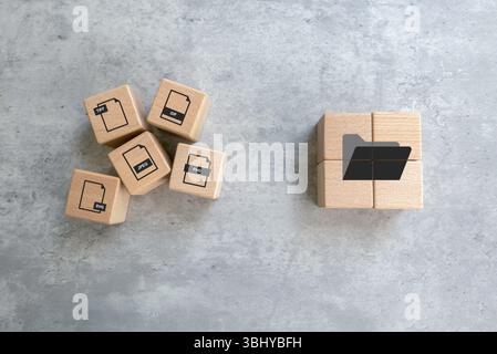 Un gruppo di file di icone (PNG, TIFF, JPEG, GIF, SVG) separato da un'icona di cartella - Una rappresentazione visiva dei formati di file organizzati per facilitare l'accesso e M. Foto Stock