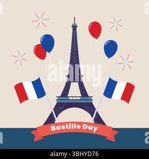 Buon giorno della Bastiglia. Torre Eiffel e fuochi d'artificio. Modello di design Bastille Day. Illustrazione vettoriale Illustrazione Vettoriale