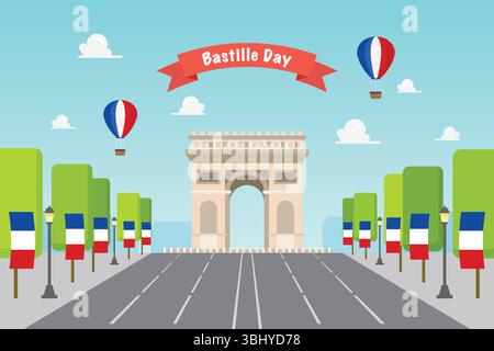 Festa della Bastiglia all'Arco di Trionfo di Parigi in Francia. Illustrazione vettoriale. Illustrazione Vettoriale