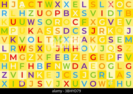 Tutte le lettere dell'alfabeto inglese in colorato motivo a mosaico vettoriale senza cuciture, design educativo per bambini, bambini, sfondi dell'asilo, Back to sc Illustrazione Vettoriale