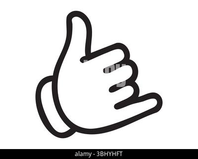 Contorno nero della mano che mostra il gesto Call me con pollice e rosa esteso su sfondo bianco. Concetto di comunicazione telefonica, simbolo del contatto, chiamata Illustrazione Vettoriale