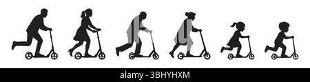 Set di icone nere della silhouette di persone di età diverse che guidano scooter isolati su sfondo bianco. Diversi uomini, donne, ragazza, ragazzo, aria condizionata all'aperto Illustrazione Vettoriale