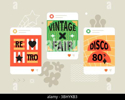 Poster ed eventi retrò - modelli di schermate dei social media impostati Illustrazione Vettoriale