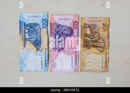 Banconote sudafricane da rand, 100, 50, 20 rand, su legno chiaro, soldi sudafricani, venti, cinquanta, cento rand, vista dall'alto. Foto Stock