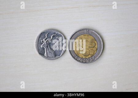 2 Rand e 5 Rand monete sudafricane su una superficie di legno chiaro. valuta del sudafrica due rand e cinque rand. Vista dall'alto Foto Stock