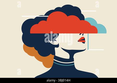 Un'elegante illustrazione astratta di un profilo femminile con nuvole vibranti ed elementi geometrici che simboleggiano la depressione, evidenziando il rosso e il blu distintivi Foto Stock