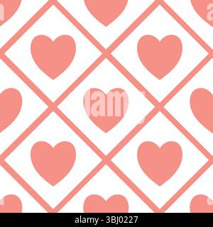 Ripetizione del motivo cardiaco in toni rosa, allineato in diamanti. Design audace e divertente per tessuti, avvolgimenti o temi di San Valentino. Illustrazione Vettoriale