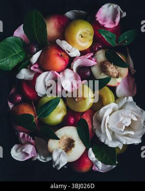 Un vivace assortimento di frutta colorata, tra cui pesche, prugne e ciliegie, è decorato con delicati petali di rosa e foglie verdi, create Foto Stock