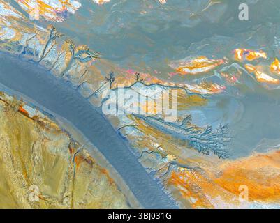 Un accattivante design astratto frattale caratterizzato da colori e texture vivaci, che ricordano un paesaggio dinamico. Le forme intricate e le tonalità vivaci offrono Foto Stock