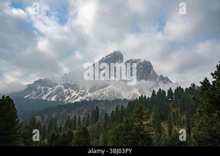 Vista mozzafiato delle Dolomiti nella zona di Cortina d'Ampezzo, Italia, con cime innevate circondate da lussureggianti boschi Foto Stock