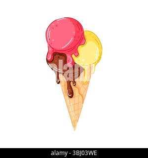 Cono per gelato a tre strati con cioccolato, fragola o ciliegia e limone in stile cartoni animati. Perfetto per il menu da dessert, in estate Illustrazione Vettoriale