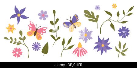 Set di fiori disegnati a mano, fiori, foglie, piante. Elementi isolati in primavera ed estate. Clip art per cancelleria, web design. Floreale moderno Illustrazione Vettoriale