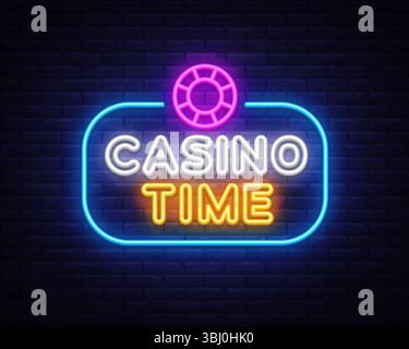 Bright Casino Time, etichetta al neon con chip da poker e vivace tipografia in bianco e arancione, linee luminose e cornice rotonda sullo sfondo di mattoni. Illustrazione Vettoriale