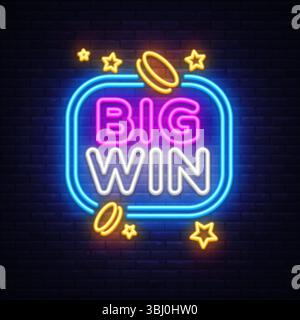 Insegna al neon Big Win che si illumina su sfondo scuro con monete e stelle, tipografia retrò del casinò con lettere rosa e bianche circondate da una cornice blu. Vettore Illustrazione Vettoriale