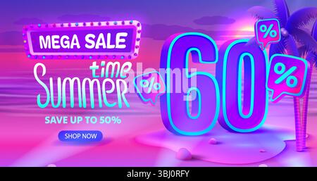 Estate, offerta di vendita 60%, festa in spiaggia. Vettore Illustrazione Vettoriale